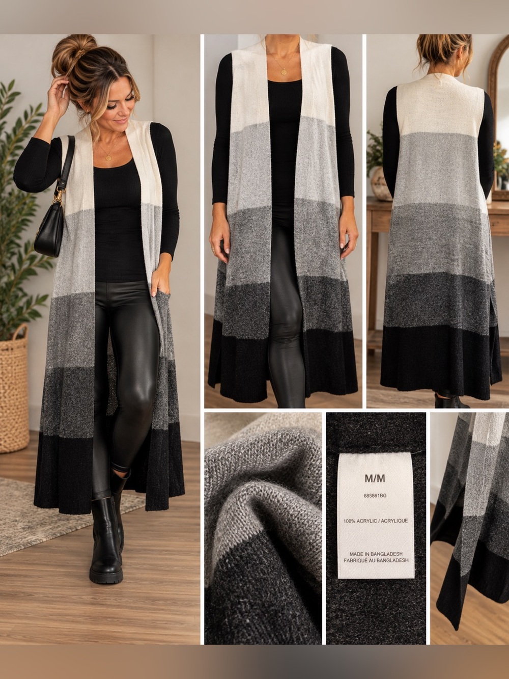 Capuccin Longline Maxi Knit Vest Black Grey Cream Size M